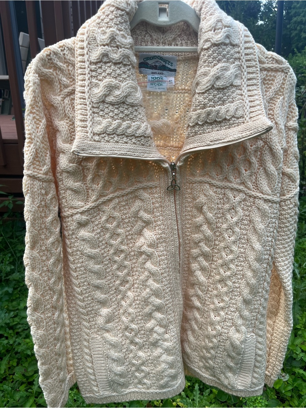 Aran Crafts Cream Cable-Knit Zip Cardigan. 💯 Merino Wool. Size S. NEW. Ireland.